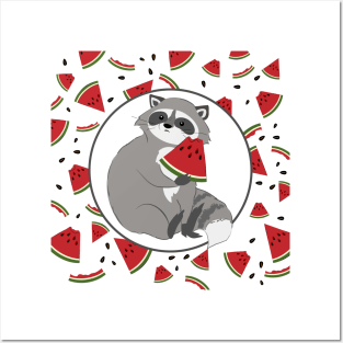 Cute Cartoon Raccoon with Watermelon Posters and Art